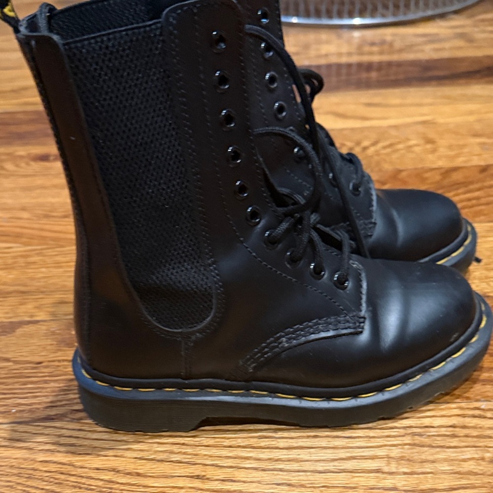 Dr. Martens Black Leather Lace-Up Combat Boots with Yellow Welt - Picture 3 of 8